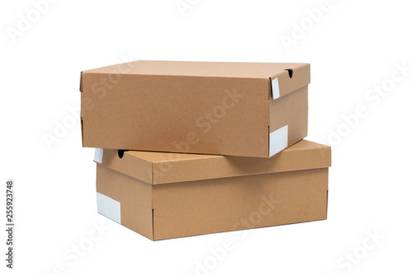 Fototapeta Brown cardboard shoes box with lid for shoe or sneaker product packaging mockup, isolated on white with clipping path.