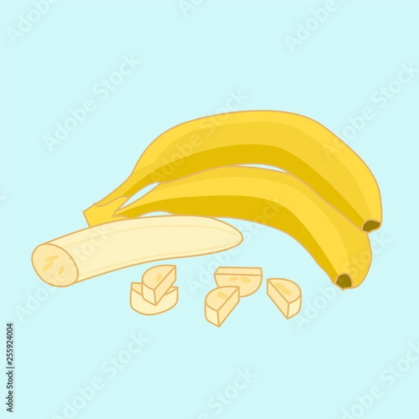 Fototapeta Bananas illustration, peeled banana and half sliced pieces, isolated illustration