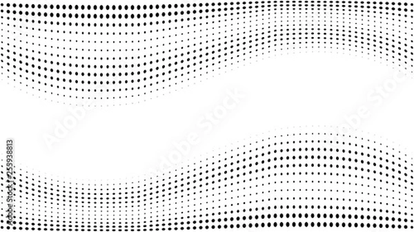 Obraz Halftone gradient pattern. Abstract halftone dots background. Monochrome dots pattern. Grunge texture. Pop Art, Comic small dots. Wave twisted dots. Banner with space. Template for cover, card, flyer