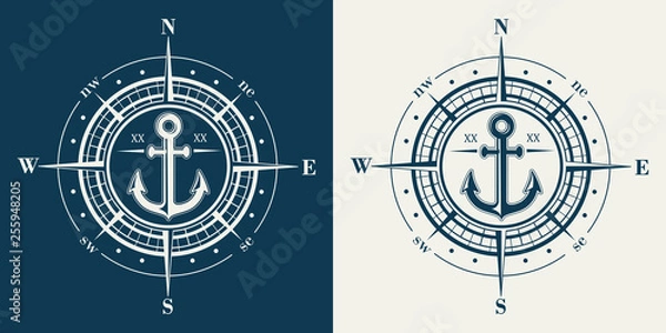 Fototapeta Set of isolated marine wind roses silhouettes. Compass vector navigation label illustrations.