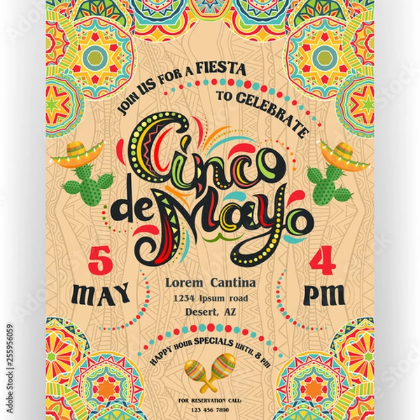 Fototapeta Cinco De Mayo announcing poster template with ornate lettering and cactuses in sombrero.