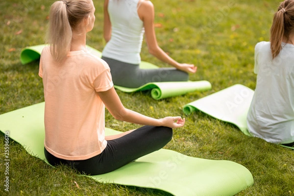 Fototapeta Young slim girl sits relaxing in the lotus position doing exercises on yoga mats with other girls on green grass in the park on a warm day.