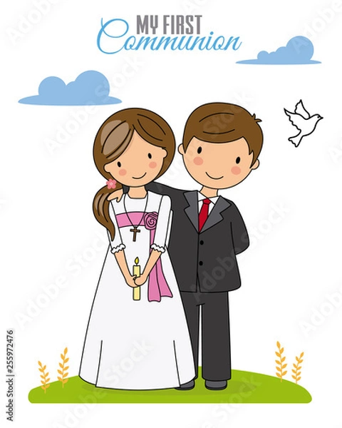 Obraz First communion card. Boy and girl dressed in communion