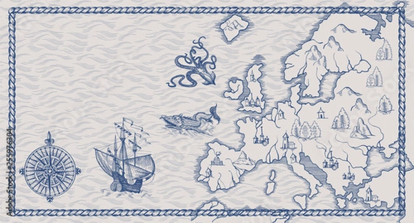 Obraz Old caravelle, vintage sailboat, sea monster. Detail of fantasy geographical maps