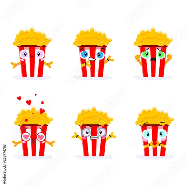 Fototapeta Popcorn is a cute character. A collection of baskets with popcorn with different emotions.