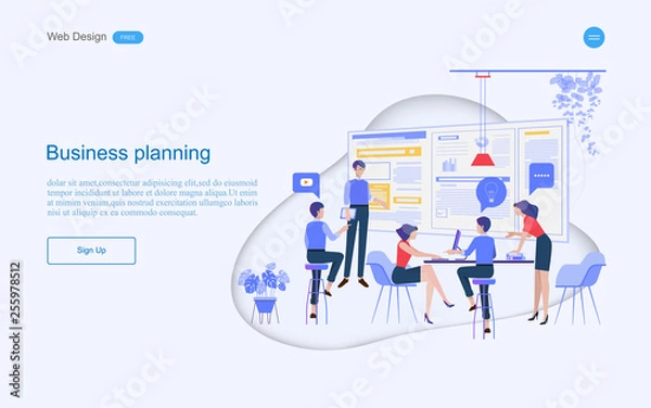 Fototapeta Business concept of web design for teamwork in collaborative planning data analysis and solutions include business services. Vector illustration.