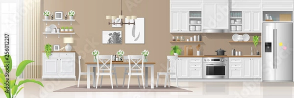 Fototapeta Modern rustic house interior background with kitchen and dining room combination , vector , illustration