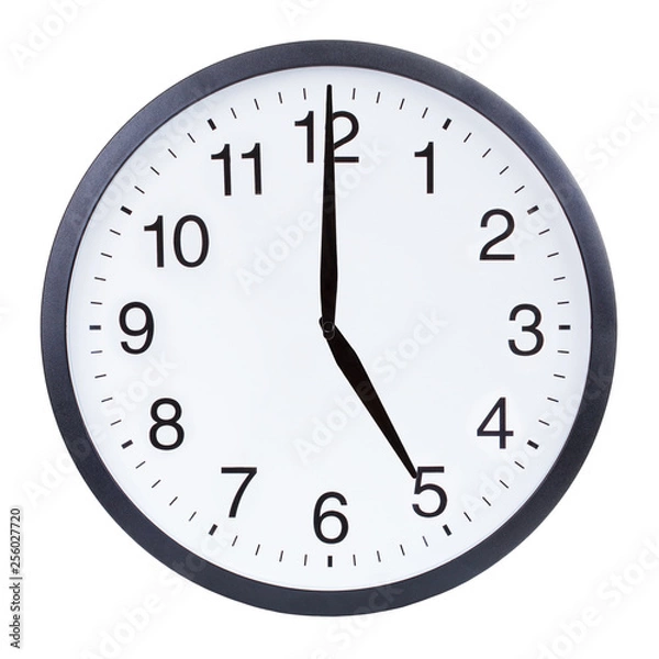 Obraz Round office clock showing five o'clock isolated on white background
