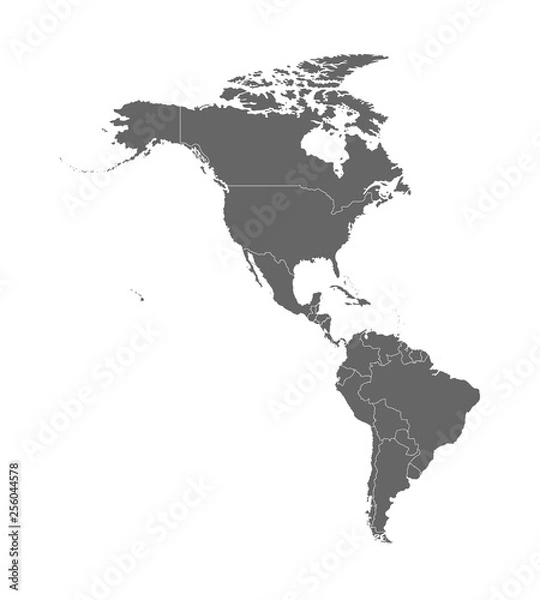 Fototapeta Vector illustration with map of North and South America continent with countries borders. Grey silhouettes, white background. White line borders of countries