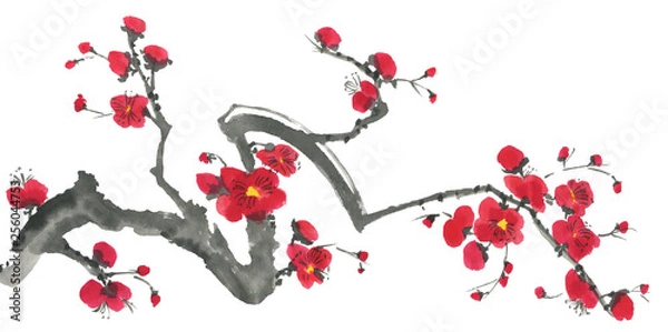 Obraz A branch of a blossoming sakura. Pink and red stylized flowers of plum mei and  wild cherry . Watercolor and ink illustration of tree in style sumi-e, go-hua,  u-sin. Oriental traditional painting. .