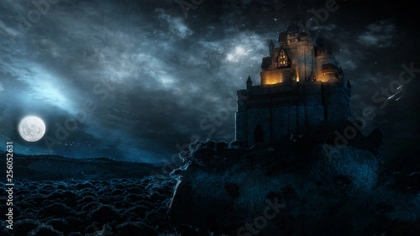 Obraz Majestic Castle Landscape With Glowing Clouds In Full Moon Night