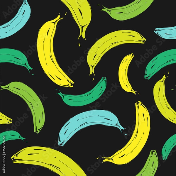 Fototapeta Seamless pop art banana color green and yellow pattern randomly distributed on black background. Vector Illustration.