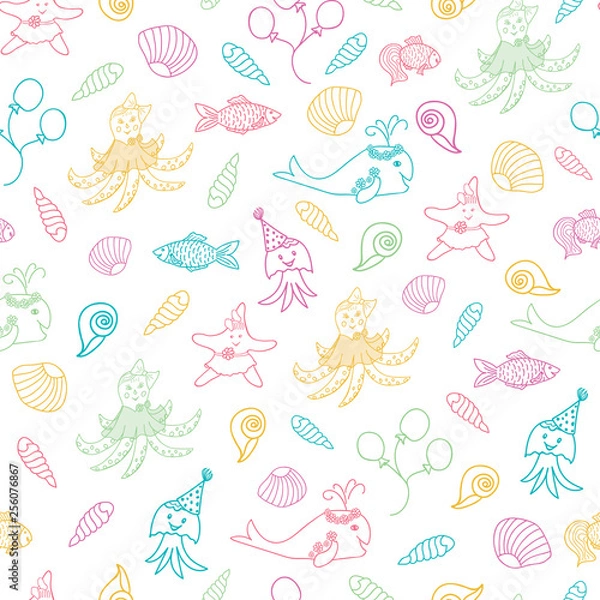 Fototapeta Funny octopus, jellyfish, starfish, whale, fishes and seashells vector nautical seamless pattern background for kids and summer projects. Cute sea animals print for fabric, packaging, gift wrap, cards