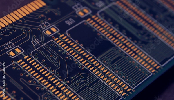 Fototapeta Close up of Electronic Circuits in Technology on Mainboard, system board or mobo. Computer motherboard, electronic components on circuits board, printed electronic board PCB