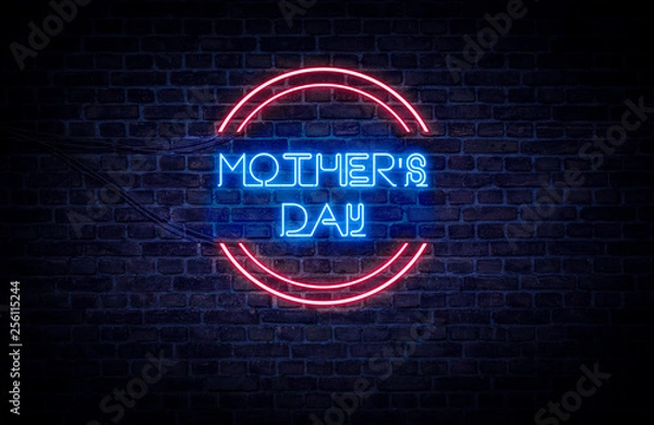 Fototapeta A red and blue neon light sign that reads: Mother's Day