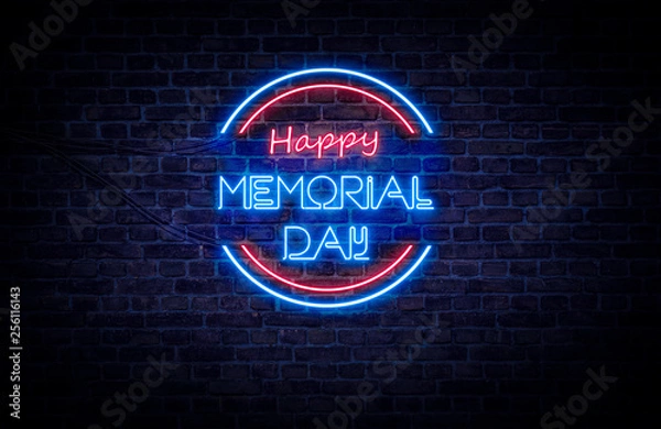 Fototapeta A red and blue neon light sign that reads: Happy Memorial Day