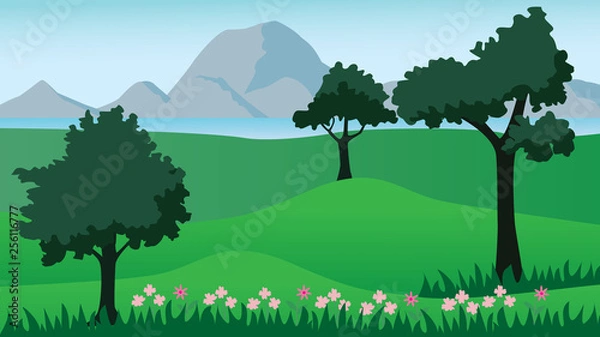 Fototapeta Scenery of meadows and mountains.