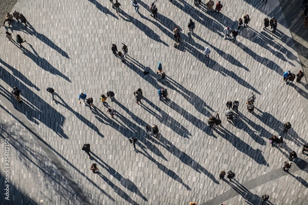 Fototapeta People crowd walking on around city square view from the top