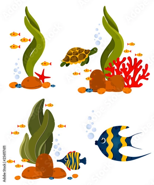 Obraz Underwater life elements. Cute ocean animals and corals. Use for postcard, print, packaging, etc.