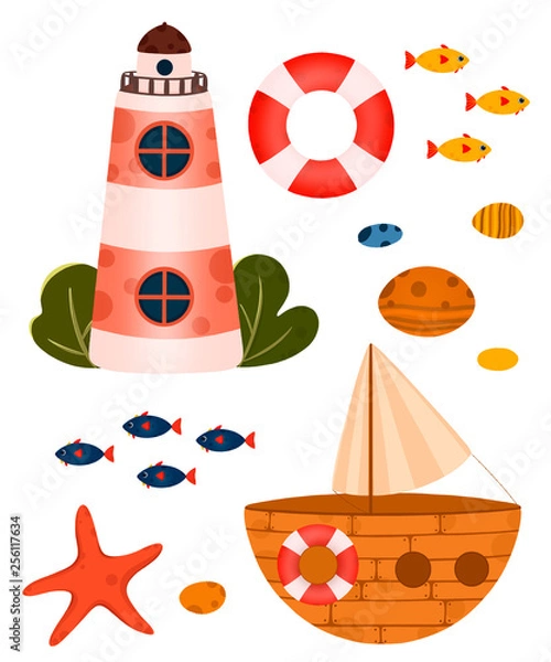 Obraz Underwater life elements. Cute ocean animals and corals. Use for postcard, print, packaging, etc.