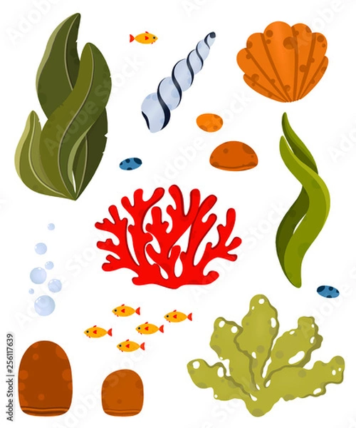 Fototapeta Underwater life elements. Cute ocean animals and corals. Use for postcard, print, packaging, etc.