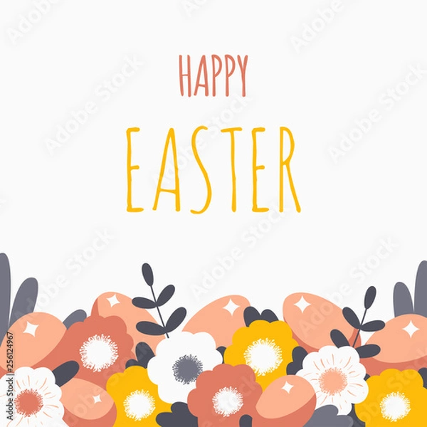 Fototapeta Happy Easter card April. Vector illustration contains hand drawn eggs and spring flowers on light background. Festive concept