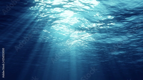 Fototapeta 3D rendering of underwater light creates a beautiful solar curtain. Underwater ocean waves oscillate and flow with the rays of light