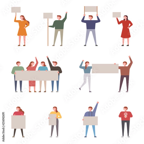 Fototapeta A set of people who protest with banners. flat design style minimal vector illustration