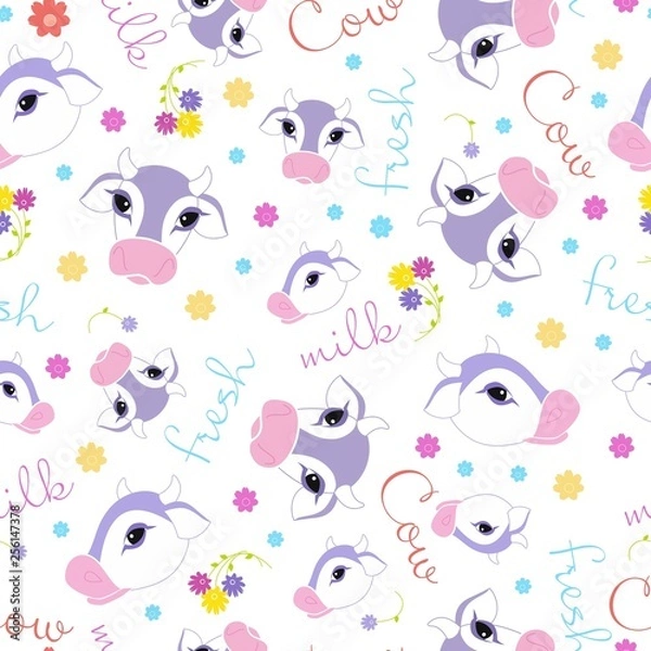 Fototapeta Seamless cow pattern. Animal white background with cute cows and colorful flowers. Vector illustarion. 