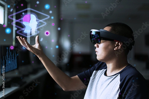 Fototapeta Virtural reality world with Artificial Intelligent | Create AI with Microsoft hololens 1 | Mixed Reality experiment