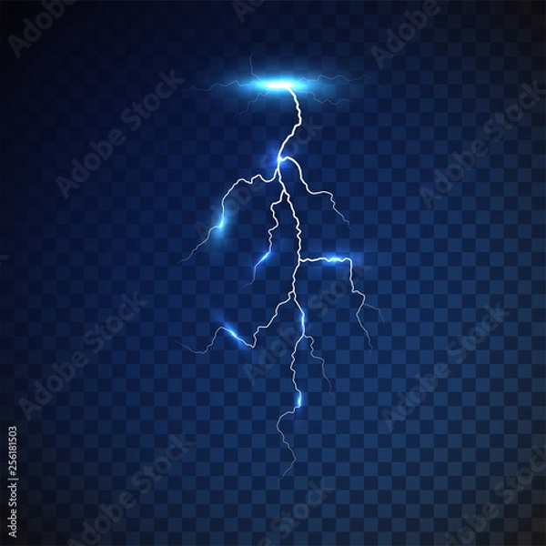 Fototapeta Lightning strike on transparent background. Flash of lightning. thunderbolt. Thunder. Vector illustration. EPS 10.