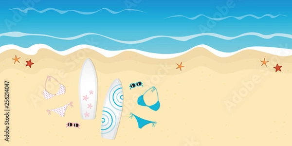 Fototapeta two surfboards bikinis and sunglasses on the beach summer holiday design vector illustration EPS10