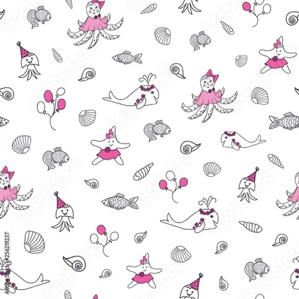 Fototapeta Funny nautical ocean party seamless vector pattern in black and white with some pink elements. Cute octopus, jellyfish, starfish, whale, fish and seashells print for fabric, wallpaper, packaging