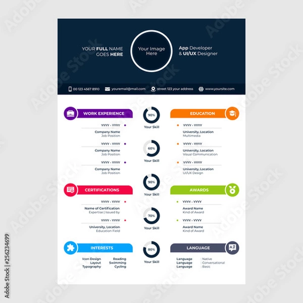 Fototapeta cv design template with glyph icons