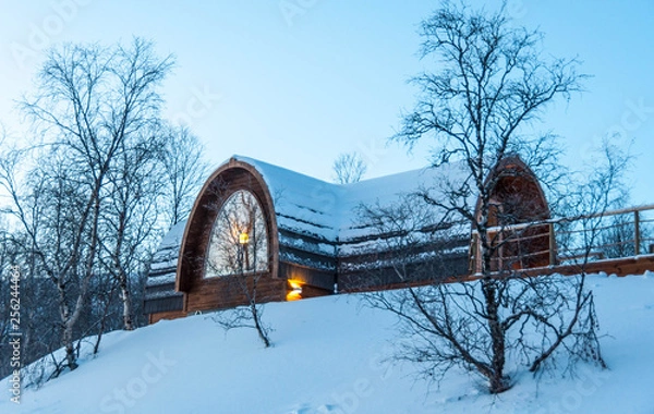 Obraz Snow covered cabin in the woods, Kirkenes, Norway