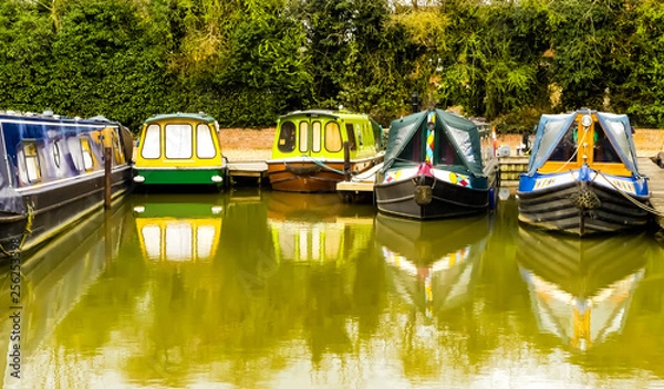 Fototapeta Public view of five colourful, unoccupied canal boats at their moorings in Sovereign Wharf, Banbury. Reflections of the vessels in water. Hedgerow background. Oxford canal waterway. England.