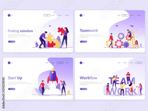 Obraz Set of Landing page templates. Business service app, team work, start up, solution, workflow. Flat vector illustration concepts for a web page or website.