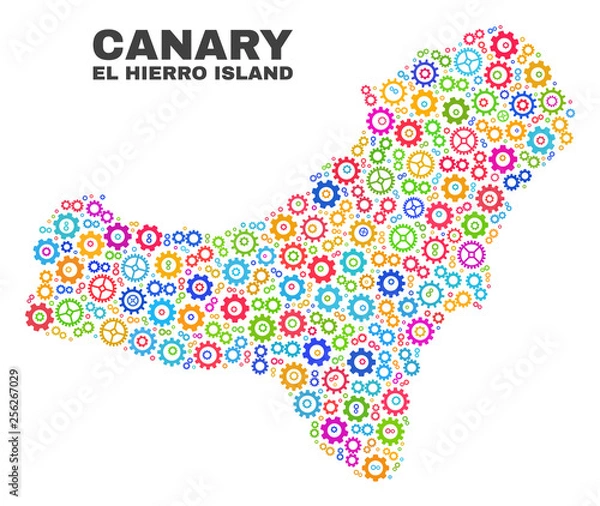 Obraz Mosaic technical El Hierro Island map isolated on a white background. Vector geographic abstraction in different colors. Mosaic of El Hierro Island map composed from random multi-colored gear items.