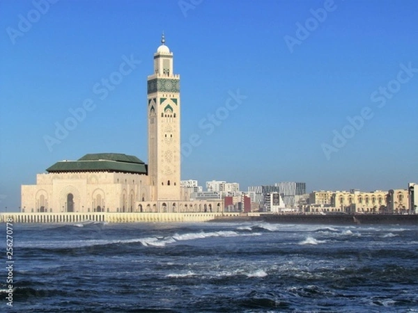 Fototapeta Details and peculiar angles of the Beautiful Mosque Hassan II during sunset. The Mosque in Casablanca is the third largest one in the world