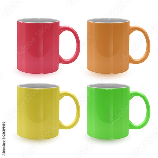 Fototapeta Set of bright and colored mugs on white background, realistic mugs, template for your project
