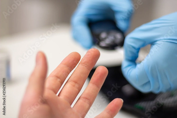Fototapeta Diabetes patient measuring glucose level blood test using ultra mini glucometer and small drop of blood from finger and test strips isolated on a white background
