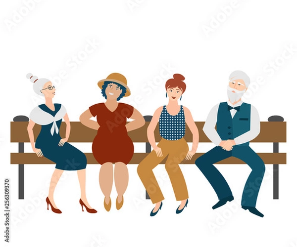 Obraz Cheerful laughing people young and old are talking while sitting on a bench. Elderly man with young women isolated. Intelligent company communicates with interest smiling. Vector illustration