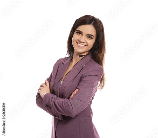 Obraz Technical support operator with headset on white background