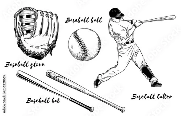 Fototapeta Isolated baseball set on white background. Hand-drawn elements such as baseball player, glove, bat and ball. Vector illustration