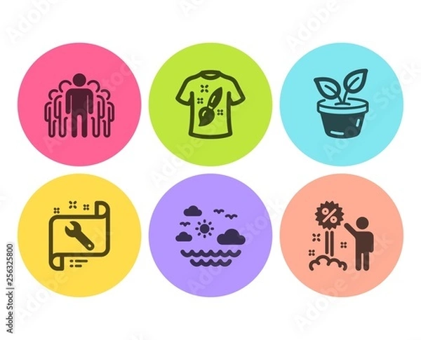 Obraz Spanner, T-shirt design and Group icons simple set. Leaves, Travel sea and Discount signs. Repair service, Painting. Business set. Flat spanner icon. Circle button. Vector