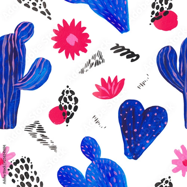 Fototapeta Seamless pattern Hand-painted set of decorative cactus in fantasy style Set of flowering plants, cactus blue coral color