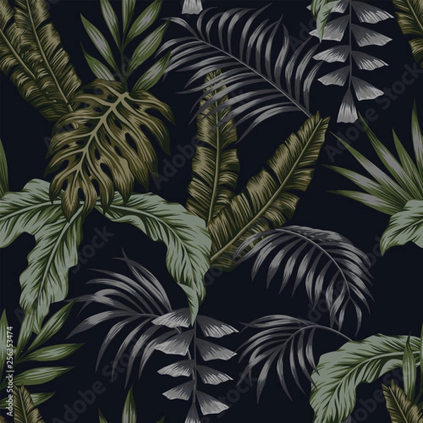 Fototapeta Night tropical pattern leaves seamless black background