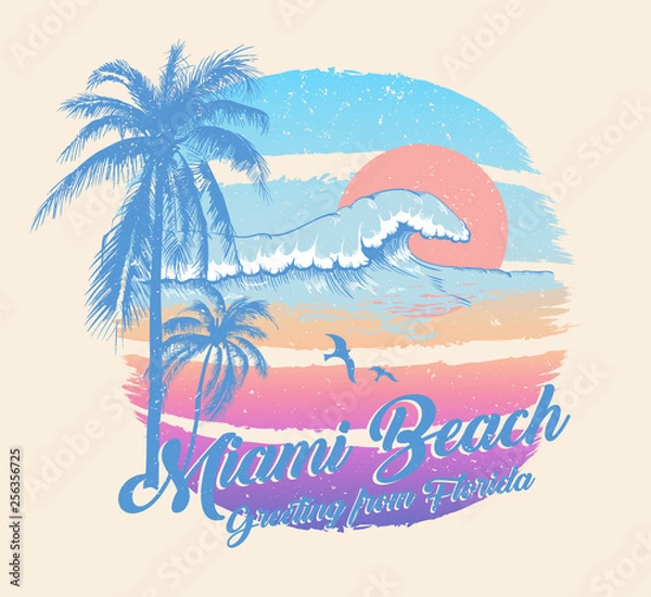 Obraz Colorful poster with palm trees and Miami beach inscription. T-shirt print, summer design for youth, teenagers.