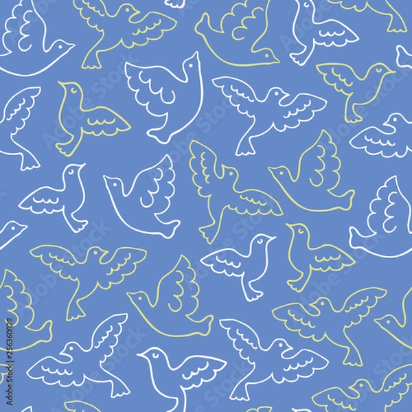 Fototapeta Seamless birds pattern. Blue background. Vector illustration.
