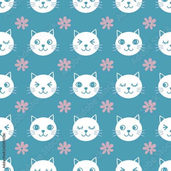 Fototapeta Seamless cat pattern. Blue background. Vector illustration.